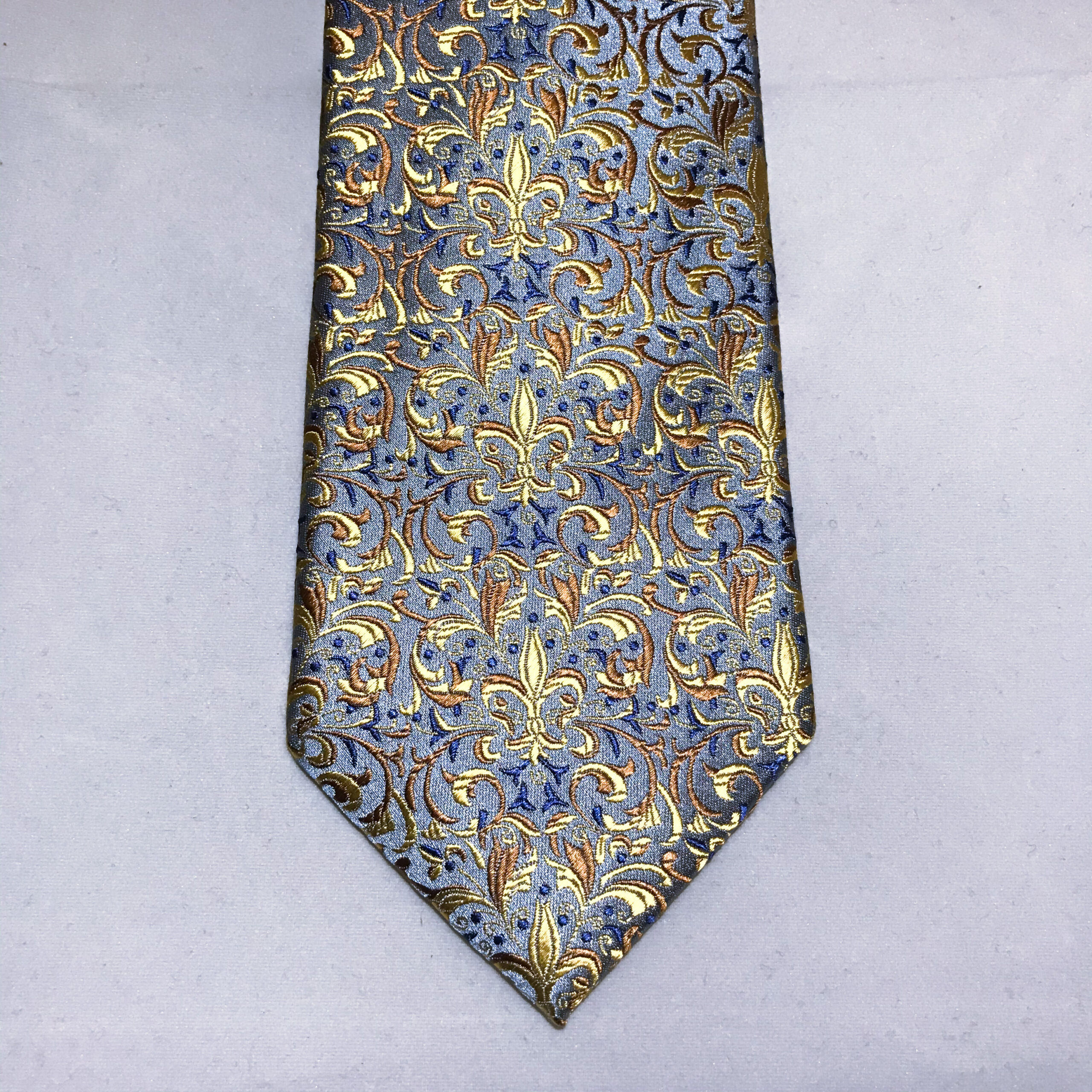 Light Blue and Gold Fleur-de-lis Silk Tie - ATESETA Firenze